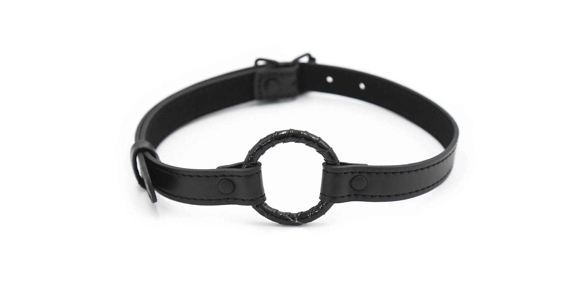 Black leather open mouth ring gag with winding belt.