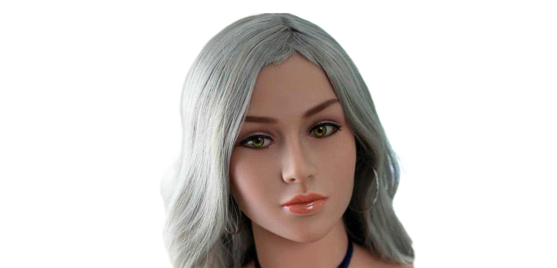 Blue-haired sex doll head.