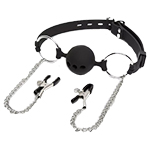 DOMINIX Deluxe Large Breathable Ball Gag with Nipple Clamps.