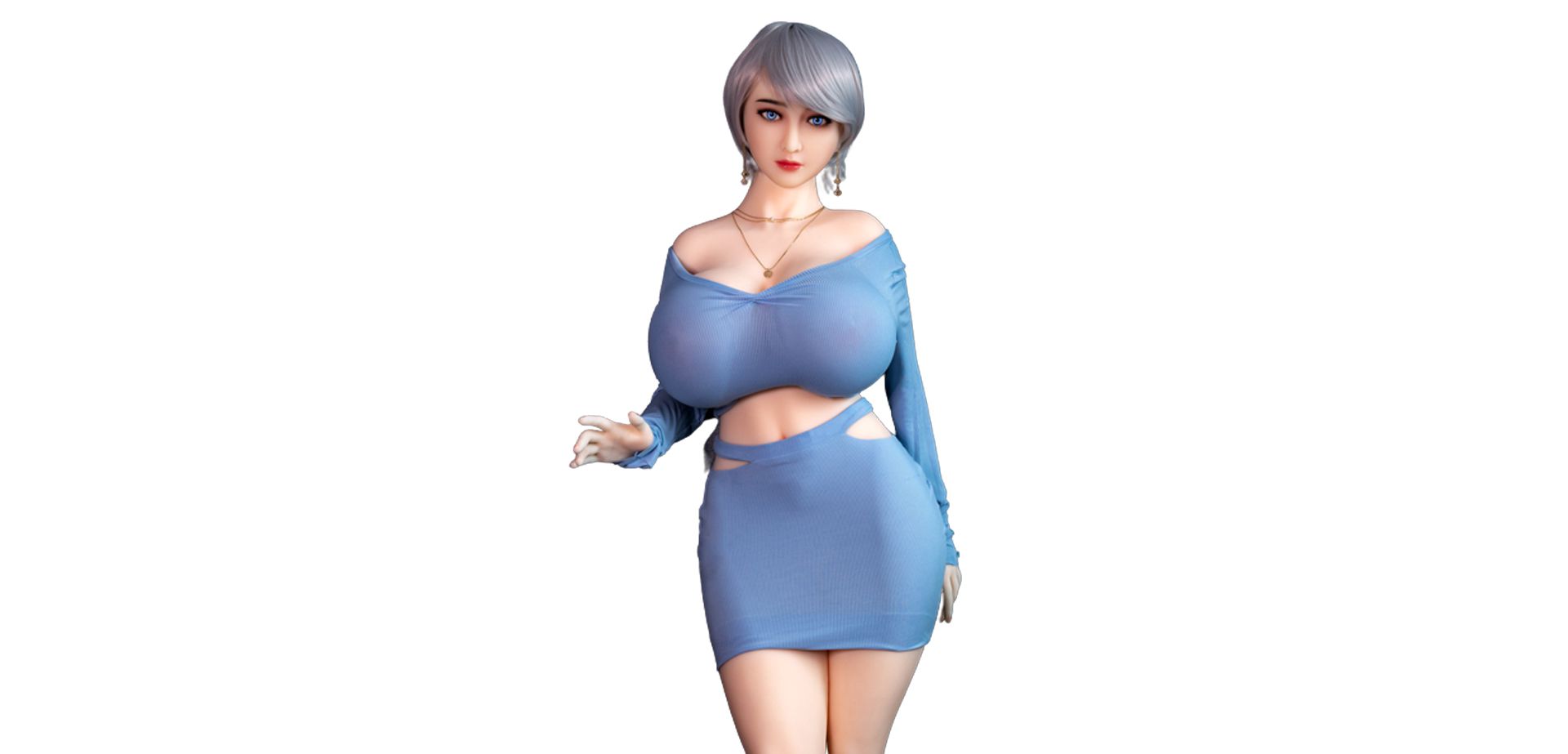 Milf sex doll in a blue dress.
